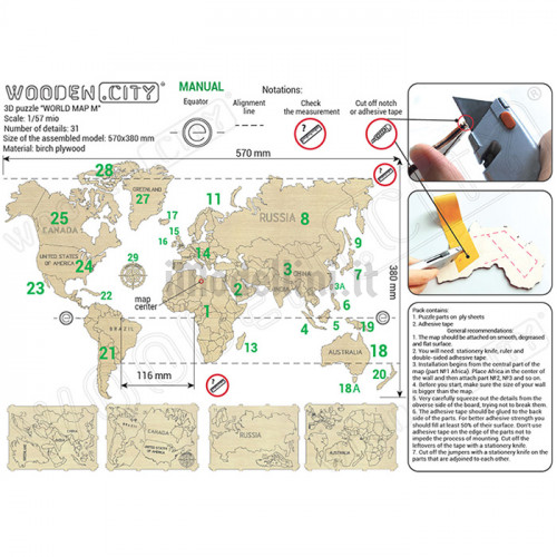 Puzzle 3D in Legno World Map M 1:57